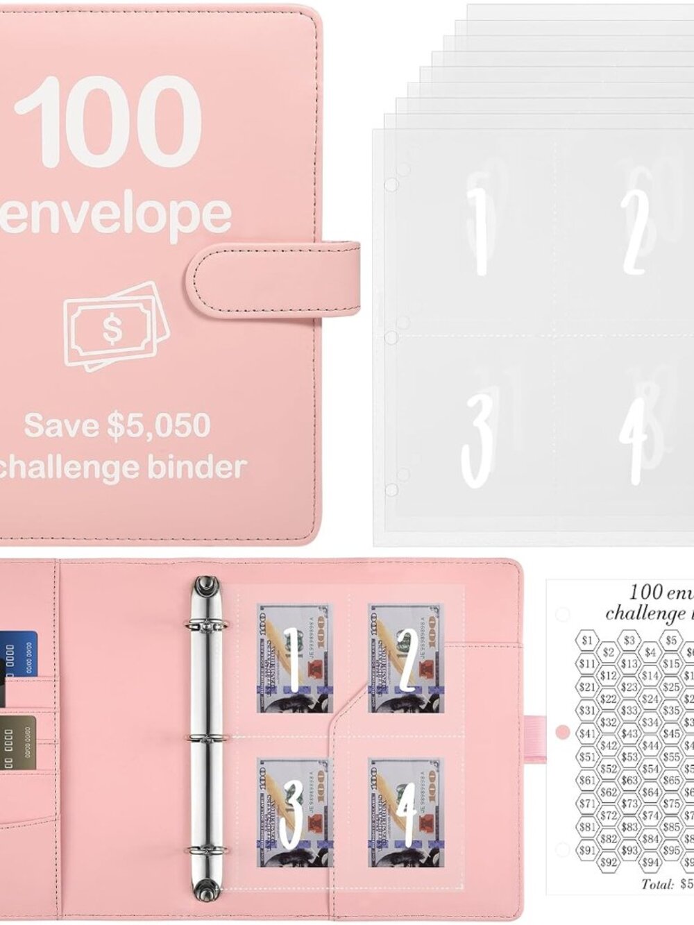 100 Envelopes Money Saving Challenge Binder with Reusable Laminated Tracker, Bud
